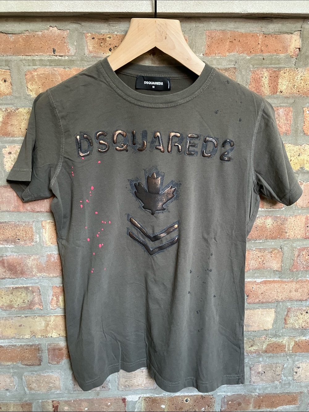 DSQUARED2 Olive Crewneck Tee with Distressed Logo and Paint Splatter